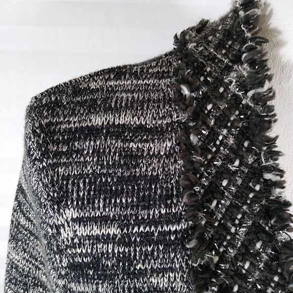 TRIBAL Cardigan Sweater Blazer B&W Marled Yarn w Silver Threads Tweed Trim M - Picture 5 of 10
